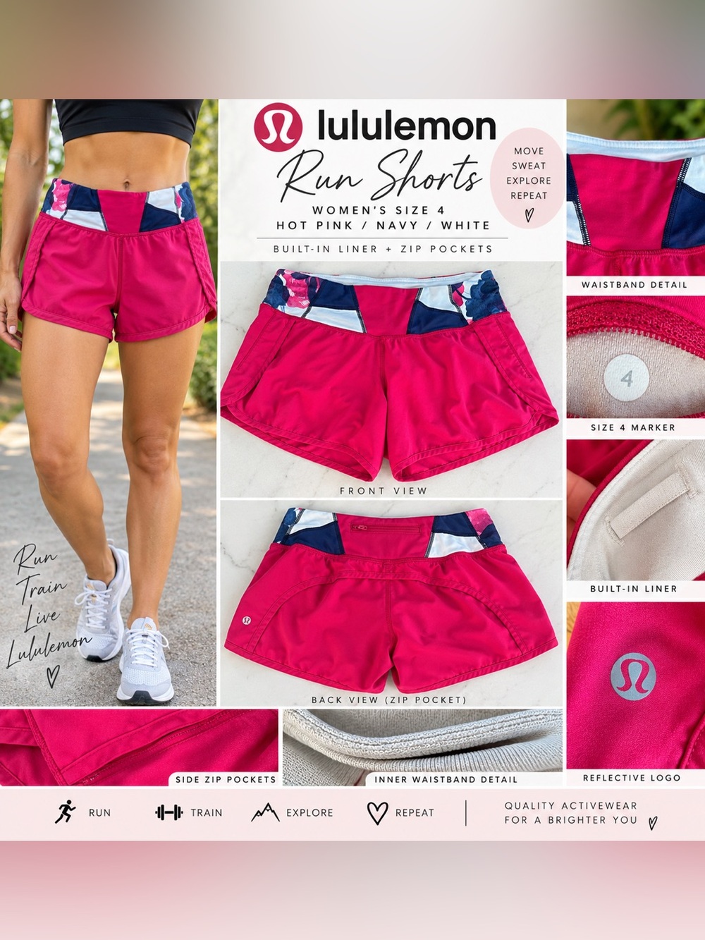 lululemon athletica Hot Pink Shorts with Navy & White Waistband